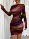 Pleated Slim-fit Hip-hugging Slant Collar Printed Mini&Short Dresses