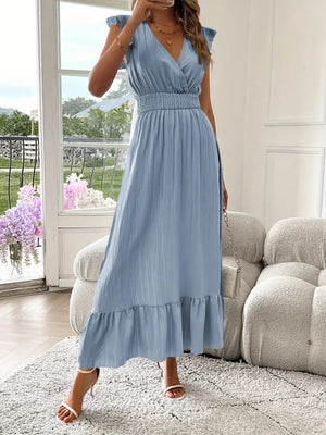 Solid Color Patchwork V-neck Long Dress