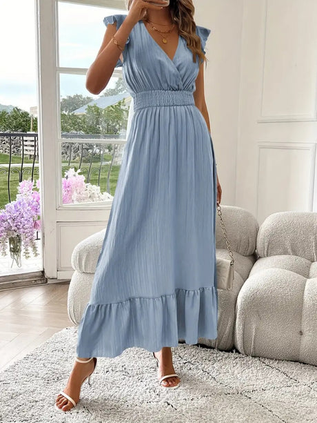 Solid Color Patchwork V-neck Long Dress