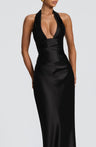Halter Neck Deep V Long Dress With Pleats And Laces, Sexy Off-shoulder Design Maxi Dresses