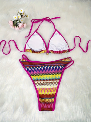 Knitted Color-blocked Striped Tie-up Bikini