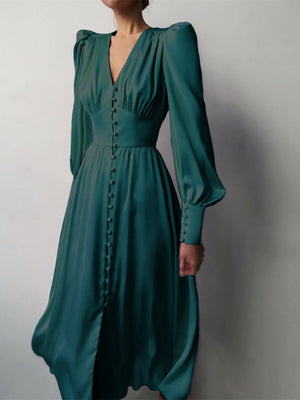 V-neck Satin Waist Retro Maxi Dresses