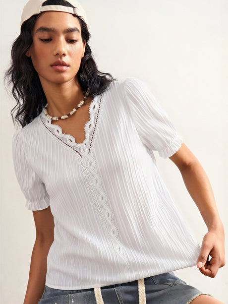 Openwork Lace Puff Sleeve V-neck Vertical Stripes T-shirts