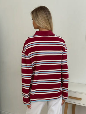 Long-sleeved Striped T-shirt, Polo Collar, Loose-fitting T-shirt