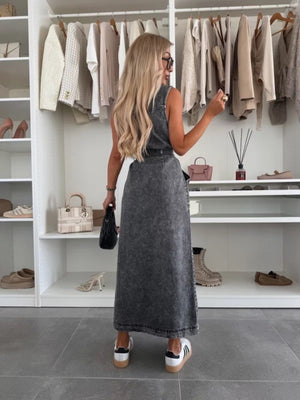 Sleeveless Tie-waist Single-breasted Denim Maxi Dress