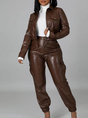 PU Leather Hair Removal Pants Long-sleeved Jacket 2-piece Sets