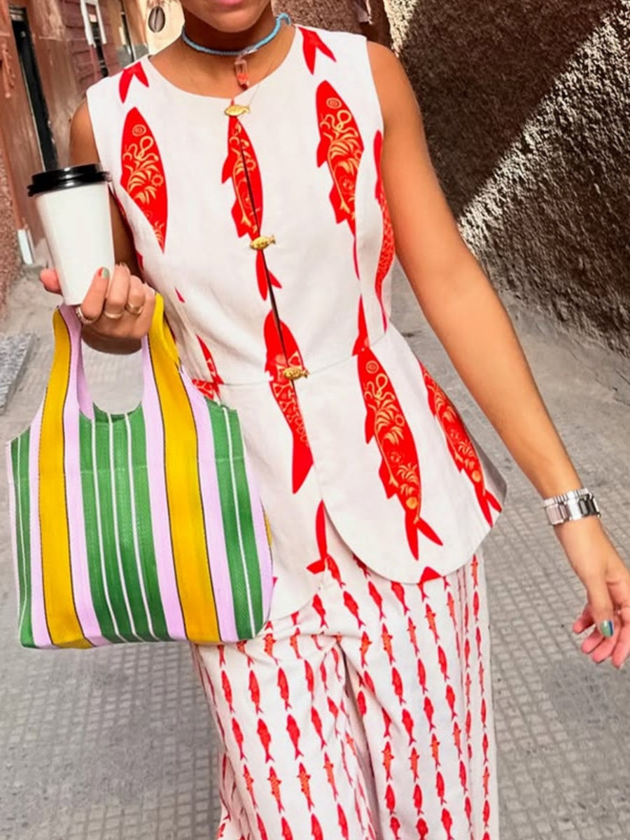 Buttons Fish-print Vest And Trousers Two-piece Set