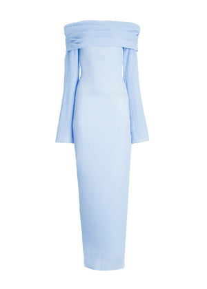Long-sleeved Off-shoulder Pleated Knit Maxi Dress