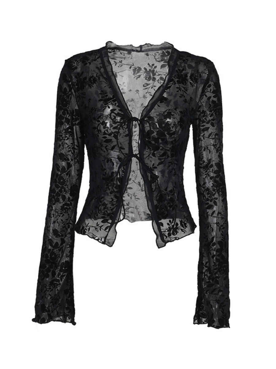 Chiffon-Langarmhemd mit tiefem V-Ausschnitt und brennenden Blumen – ein Designerhemd für anspruchsvolle Mode.