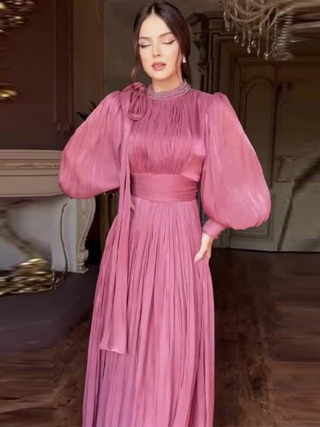 Balloon Sleeve Rhinestone-studded Waist Banquet Maxi Dresses