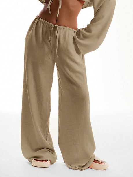 Solid Color Loose-fitting Drawstring Trousers