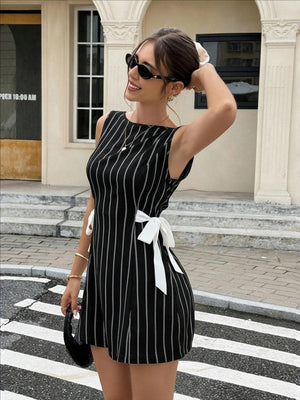 Stripes Sleeveless Reversible Bow Mini&Short Dresses