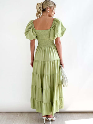 Off-the-shoulder Geometric Color-blocked Print Tulle Skirt With Puff Sleeves Long Dress