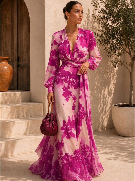 Floral Chiffon Long-sleeved V-neck Tie-waist Maxi Dress