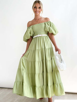 Off-the-shoulder Geometric Color-blocked Print Tulle Skirt With Puff Sleeves Long Dress