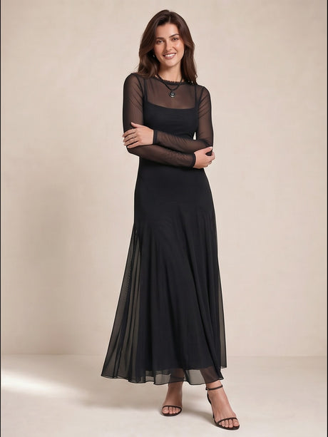 Black Long-sleeved Mesh-paneled Maxi Dress