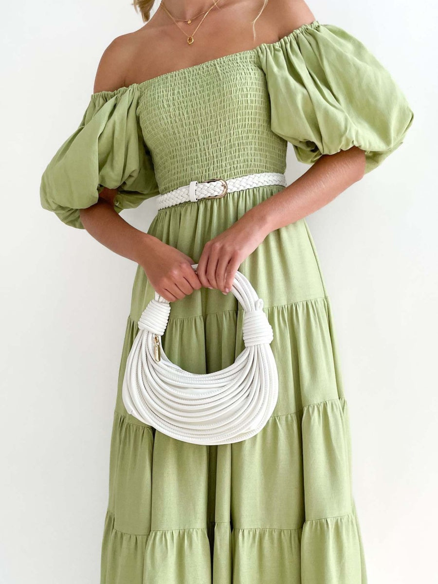 Off-the-shoulder Geometric Color-blocked Print Tulle Skirt With Puff Sleeves Long Dress