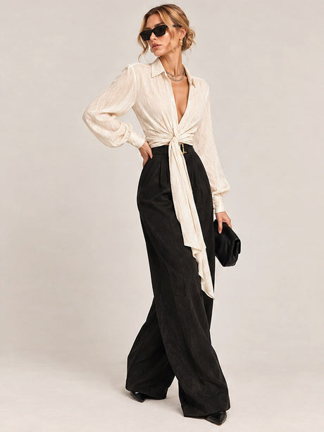 Women's Two-piece Set With A Blouse And Belt, Featuring A Flowing, Casual Style With Wide-leg Pants.