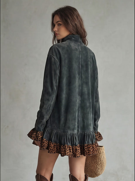 High-neck Long-sleeved Leopard Print Patchwork Short Dress