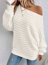 Solid Color 3D Striped Off-shoulder Batwing Sleeve Pullover Knit Sweater