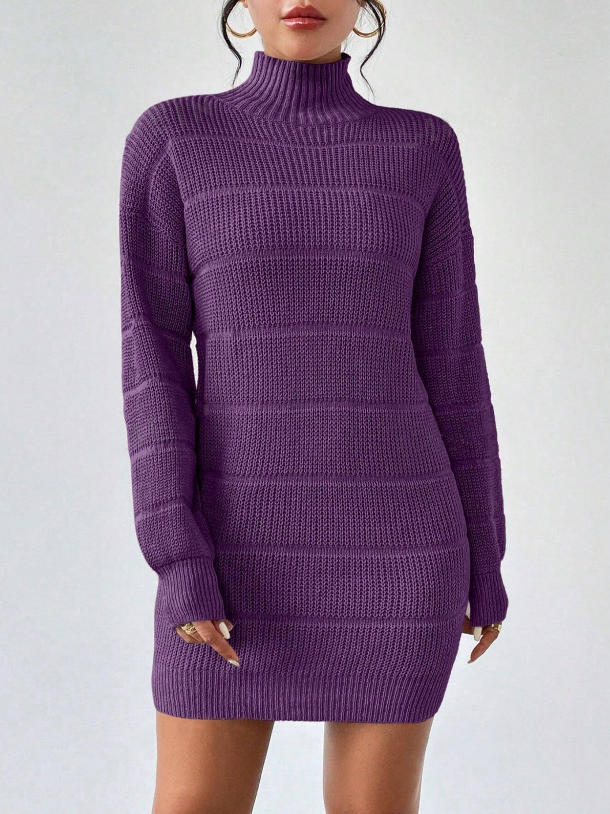 High Collar Long Sleeve Waist-cinching And Hip-hugging Knitted Sweaters Midi Dresses
