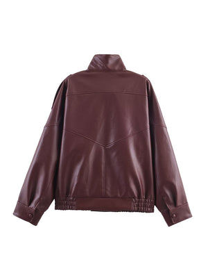 Pocket Stand-up Collar Faux Leather Jacket