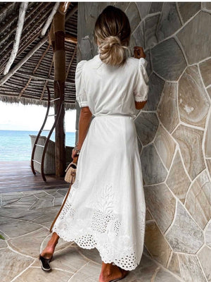 Hollow-out Short-sleeved Belted Long Dress