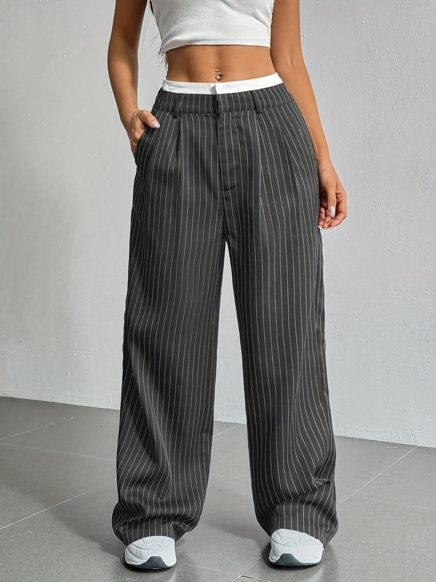 High Waist Color Matching Simplicity Drape Stripes Straight Wide Leg Pants