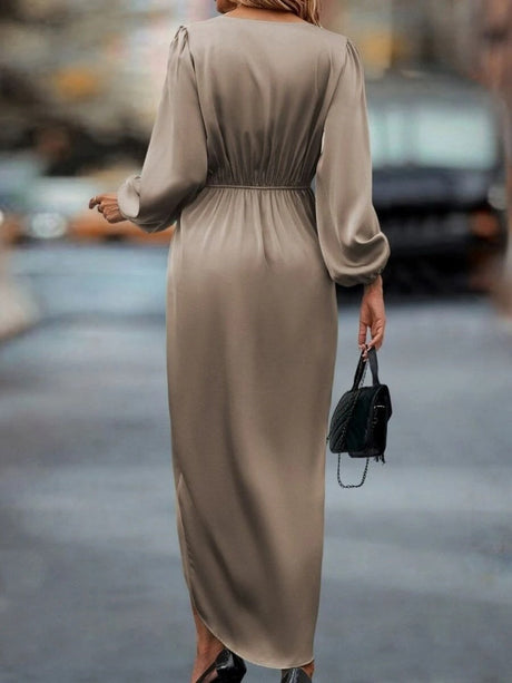 Slit Balloon Sleeve Irregular Long Sleeve Satin Long Skirt