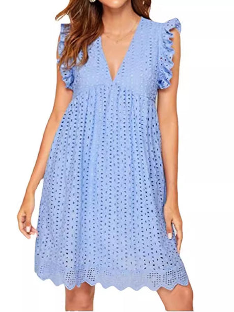 Lace Jacquard Openwork V-neck With Ruffles Solid Color Mini&Short Dresses