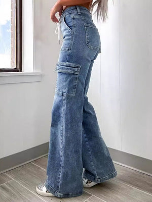 Leisure Lace Up Multiple Bags Straight Leg Jeans