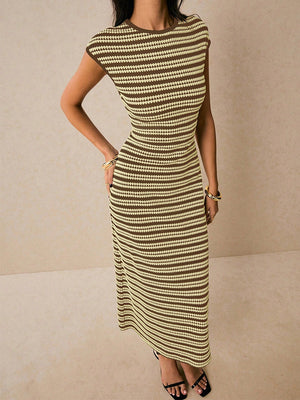 Stripes Knitting Sleeveless Slim Fit Midi Dresses
