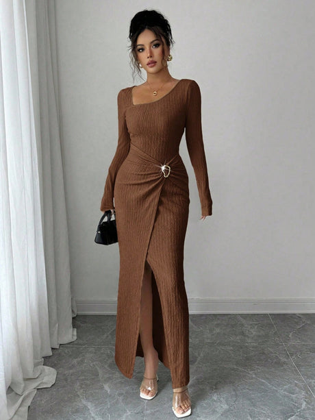 Irregular Neckline Solid Color Knitting Texture Maxi Dresses