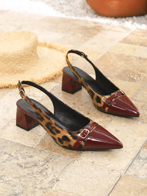 Leopard Print Patchwork Pointed Toe Cutout Chunky Heel High Heels