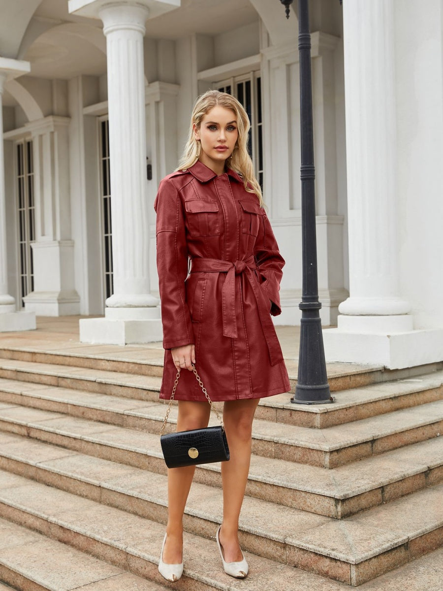 Slim Fit Mid-length Pocket With Belt Leather Jacket