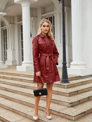 Slim Fit Mid-length Pocket With Belt Leather Jacket