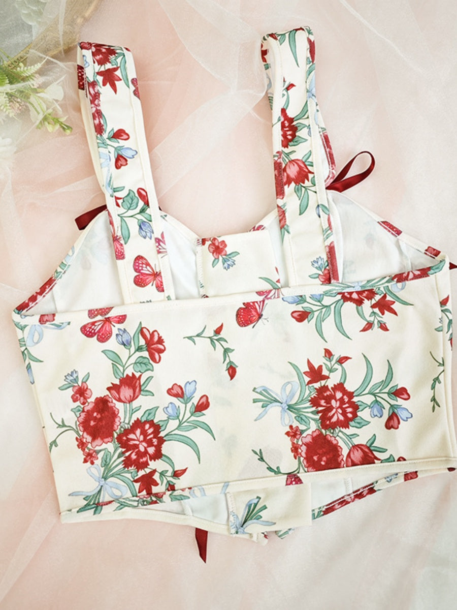 Sweet Floral Bow Lace Up Camisoles