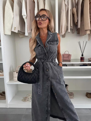 Sleeveless Tie-waist Single-breasted Denim Maxi Dress