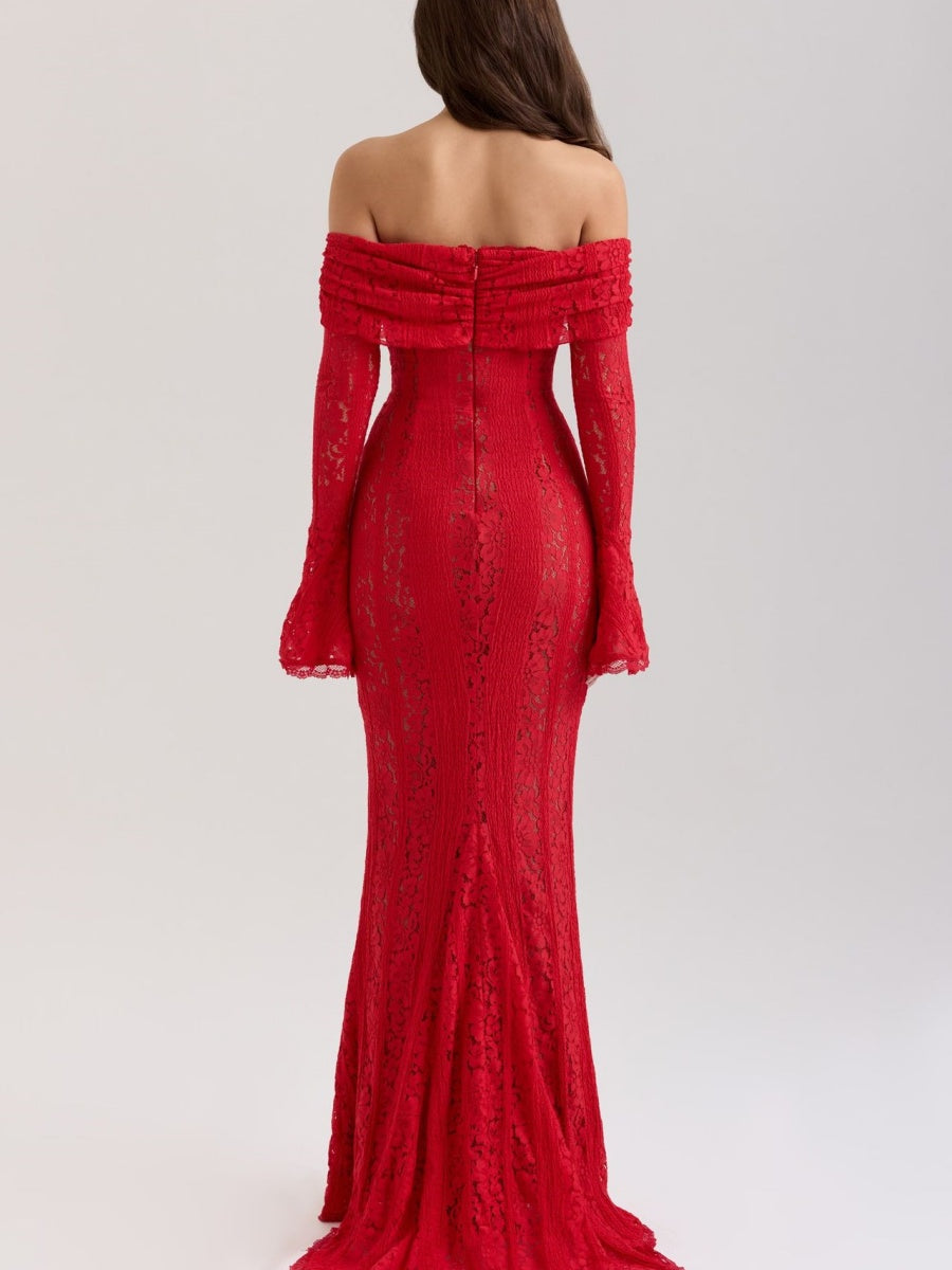 【EXPÉDITION NORMALE】Robes maxi moulantes en dentelle ajourée, épaules dénudées et manches évasées