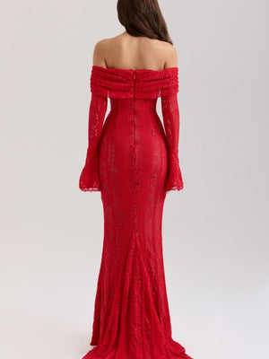 【EXPÉDITION NORMALE】Robes maxi moulantes en dentelle ajourée, épaules dénudées et manches évasées