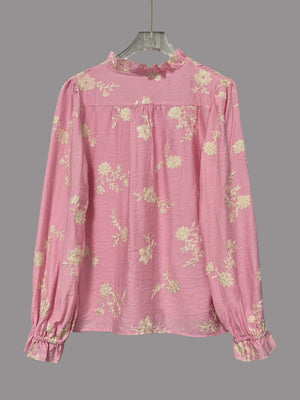 Floral Embroidery Color Block V-Neck Long-Sleeve Shirt