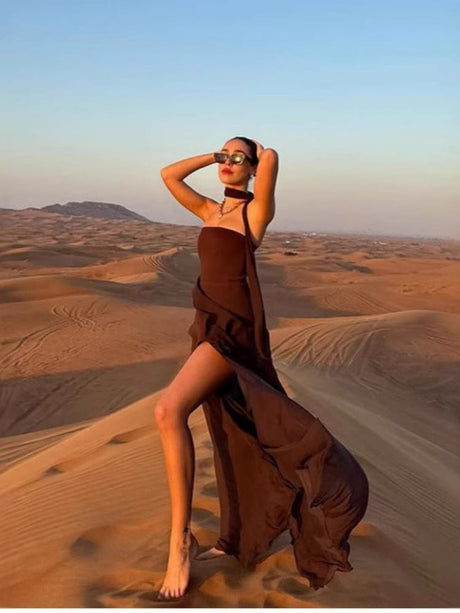 Tube Top Irregular Mesh Splicing Slits Long Skirt Wear A Scarf