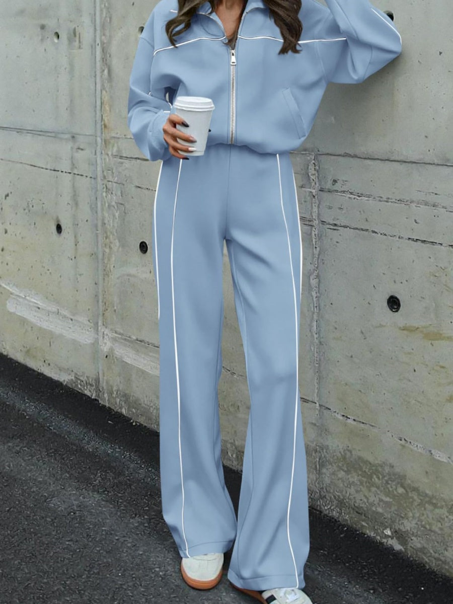 Sports Casual Suit Zipper Contrasting Colors Hoodless Cardigan Wide-leg Pants 2-piece Sets