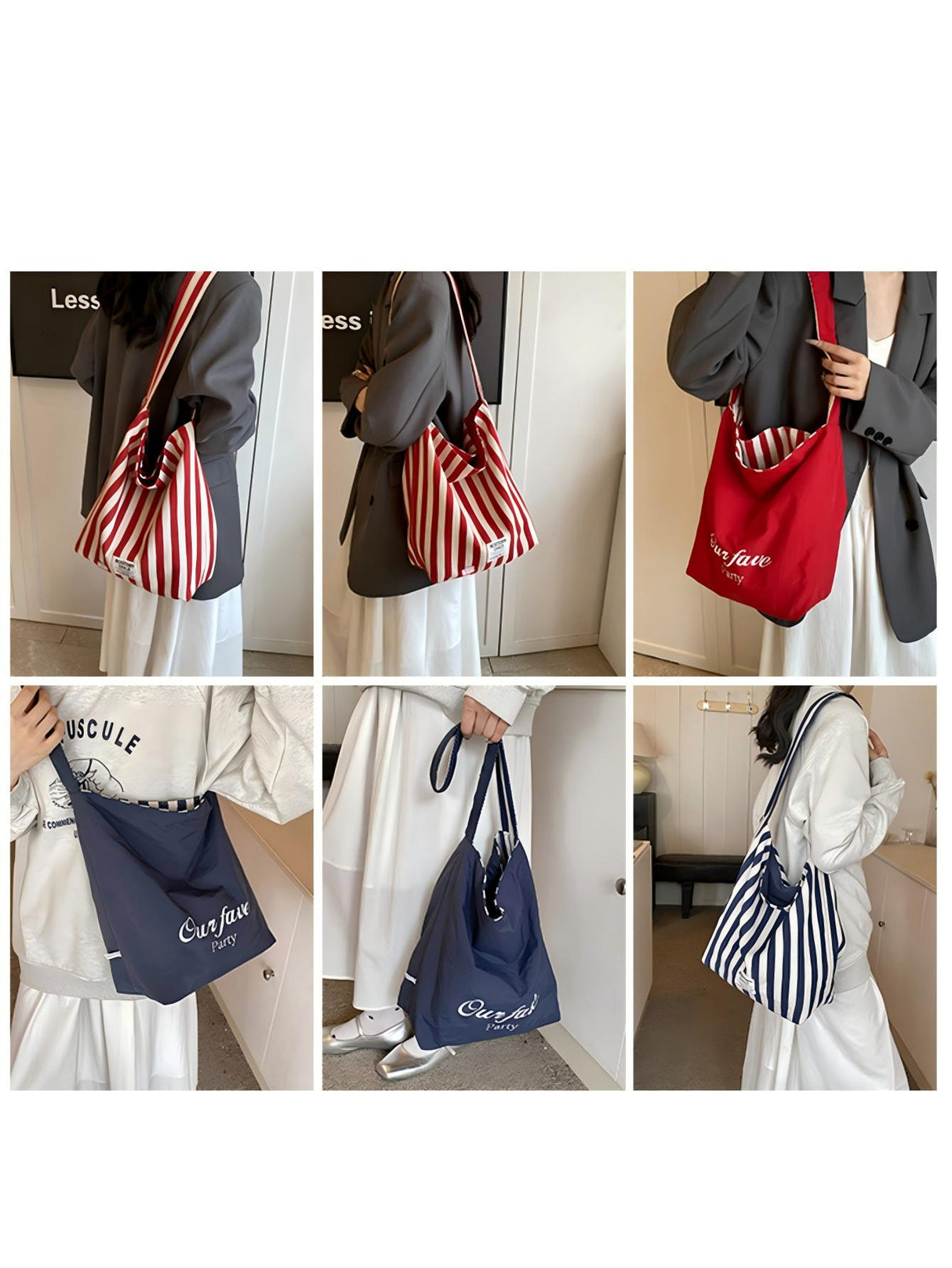 Striped Canvas Reversible Versatile Commuter Shoulder Bag