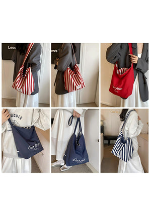 Striped Canvas Reversible Versatile Commuter Shoulder Bag