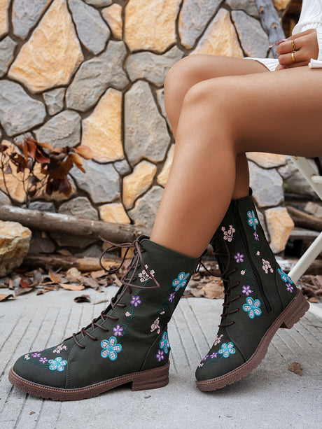 Floral Print Embroidered Women's Martin Boots
