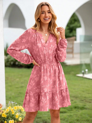 V-neck, Jacquard, Elastic Waist, Full Skirt, Long Sleeves, Ruffled Hem Short Dress