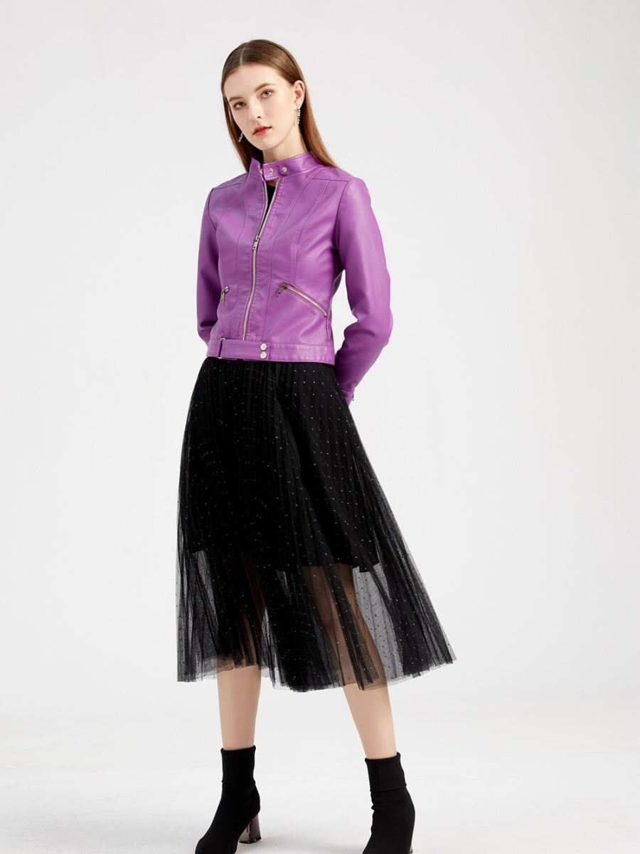 Three-dimensional Decoration Short Stand Collar Zippered Leather Jacket