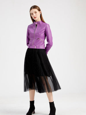 Three-dimensional Decoration Short Stand Collar Zippered Leather Jacket