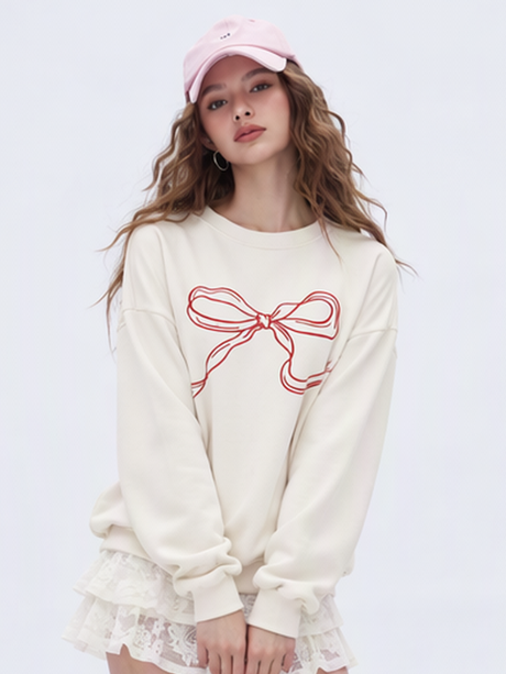 Casual Loose-fitting Round Neck Pullover Top With Sweet Embroidered Bow Sweatshirts&Hoodies